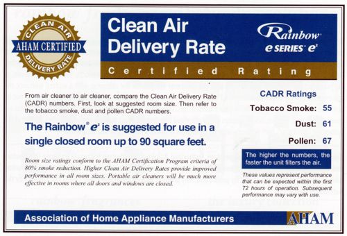 Rainbow vacuum e2 AHAM American Home Appliance Manufacturer certificate